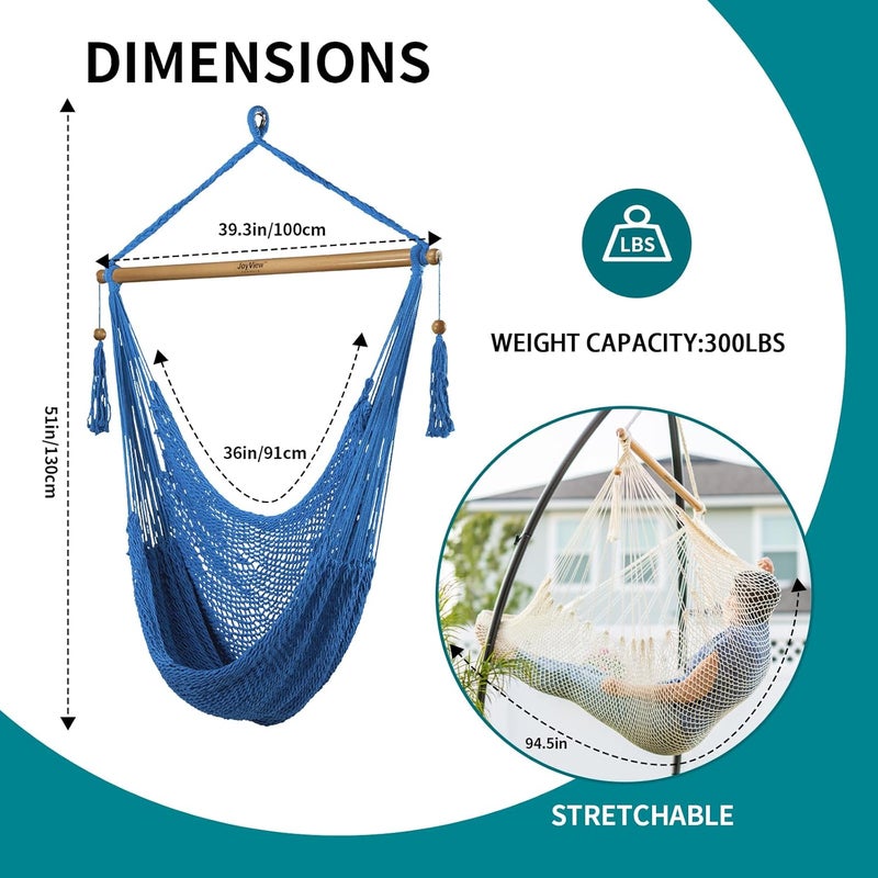 JoyView Hammock Chair with Spreader Bar Caribbean Hammock Swing Chair 300 LBS Weight Capacity XL Rope Hanging Chair for Outdoor Indoor Garden Yard - Light Blue - Image 2